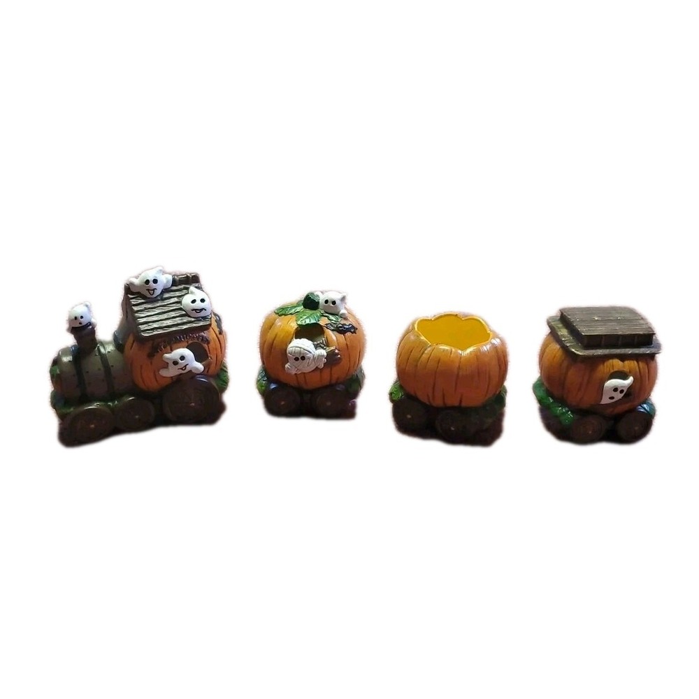 Vintage Halloween Haunted Pumpkin Train Figurine Set 4pc Spooky Village Decor